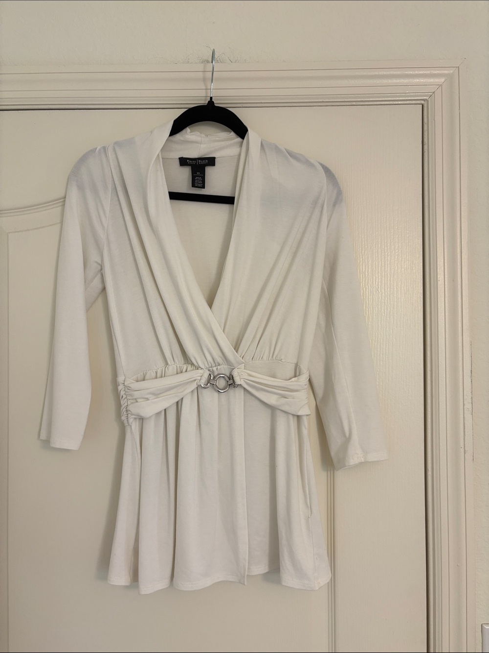 White House Black Market White Surplice Top with Ring Accent